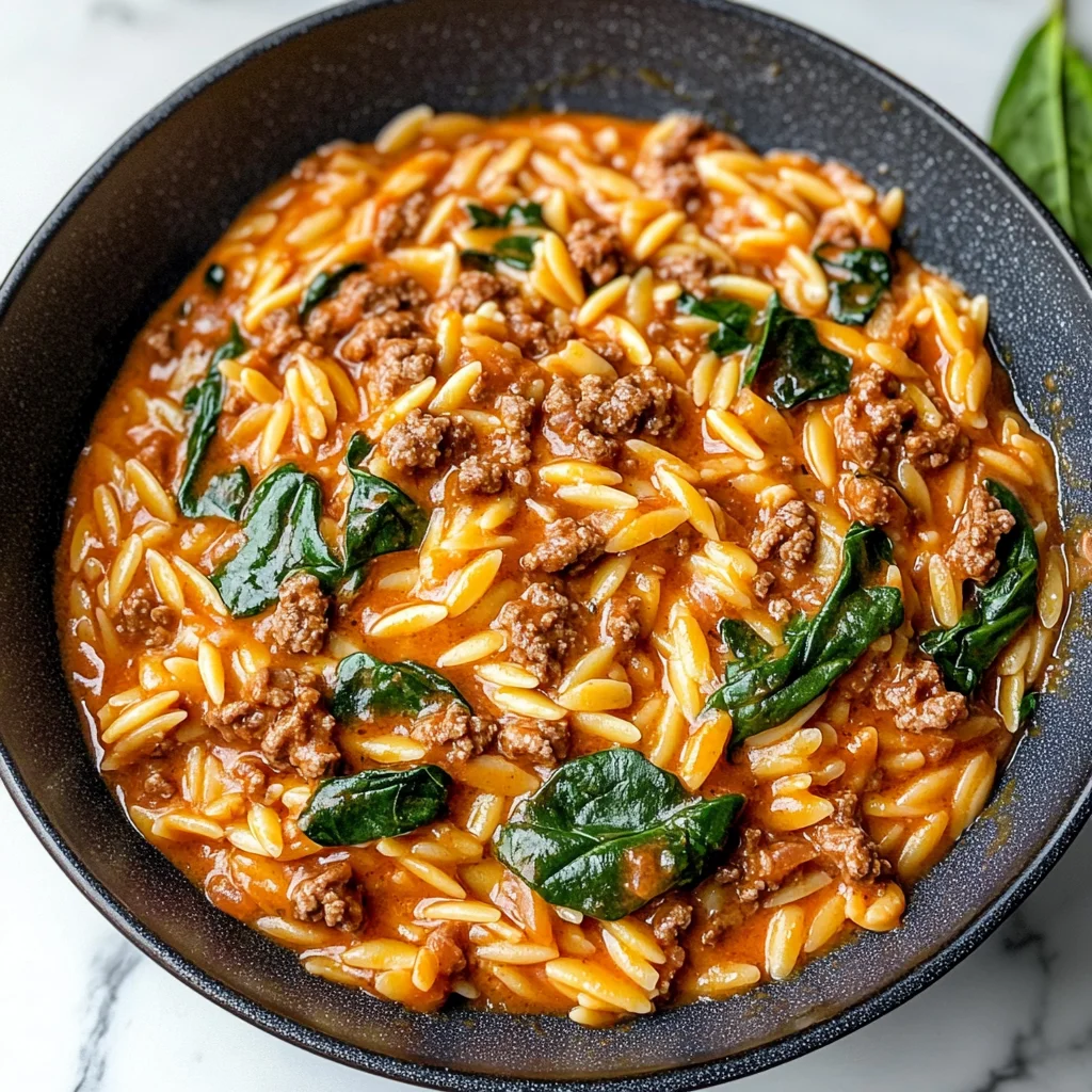 Hearty Ground Beef Orzo with Tomato Cream Sauce