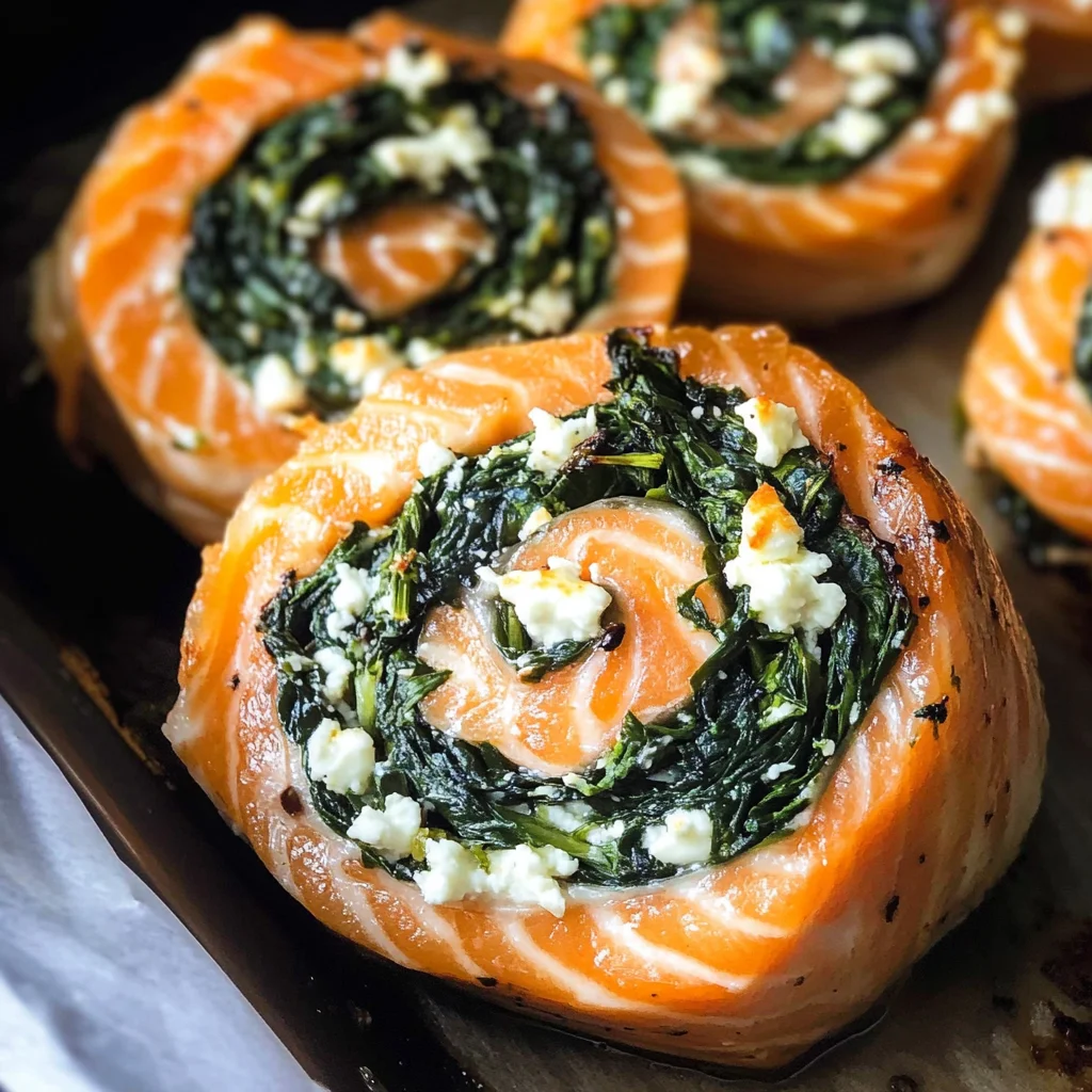 Spinach & Feta Stuffed Salmon Pinwheels
